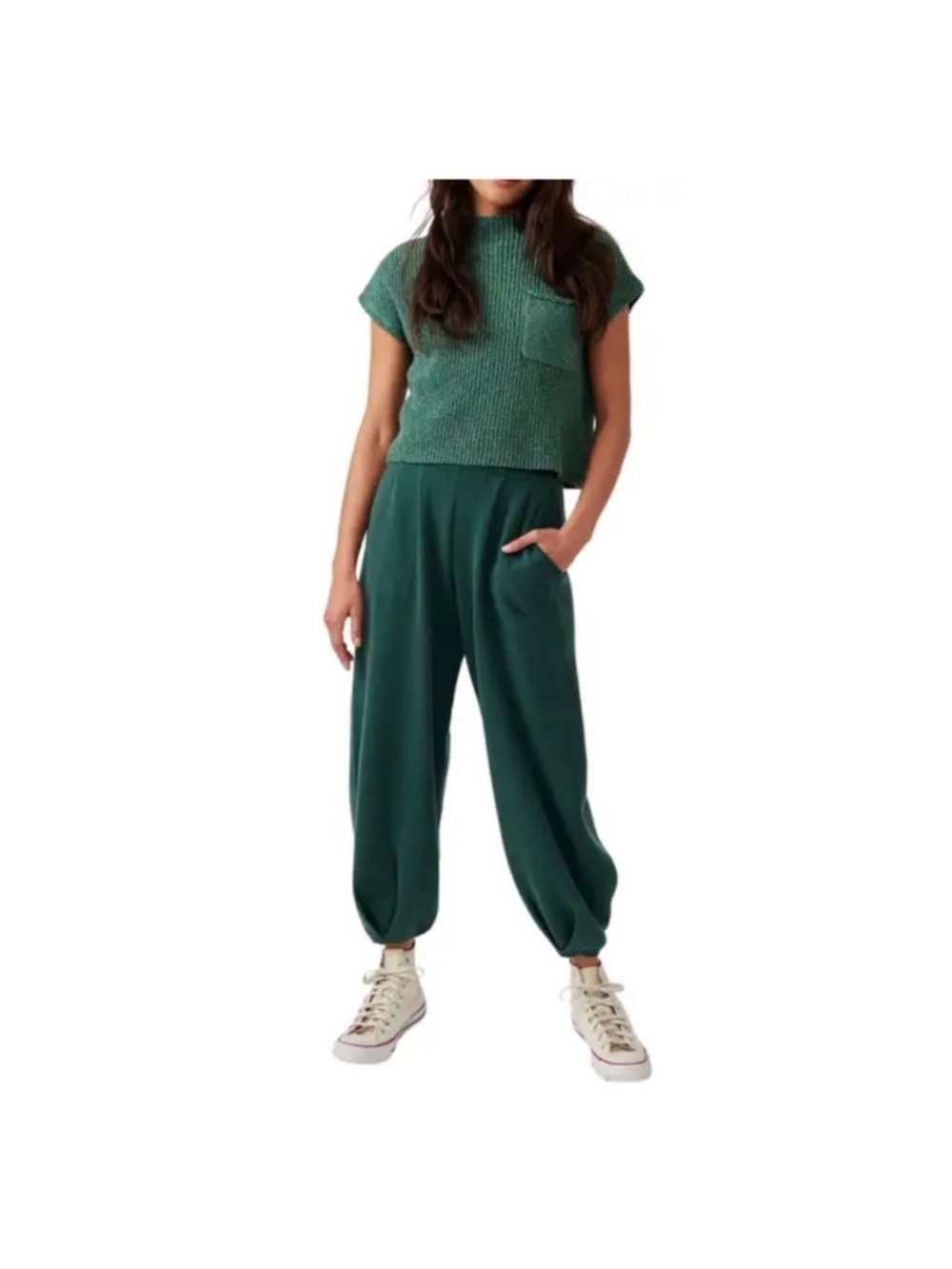 Free People Free-est Freya Short Sleeve Sweater & Pants Set- Green, Size Medium